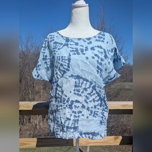 Bella Umbra 100% Italian Linen Top Blue Batik Print Size Small